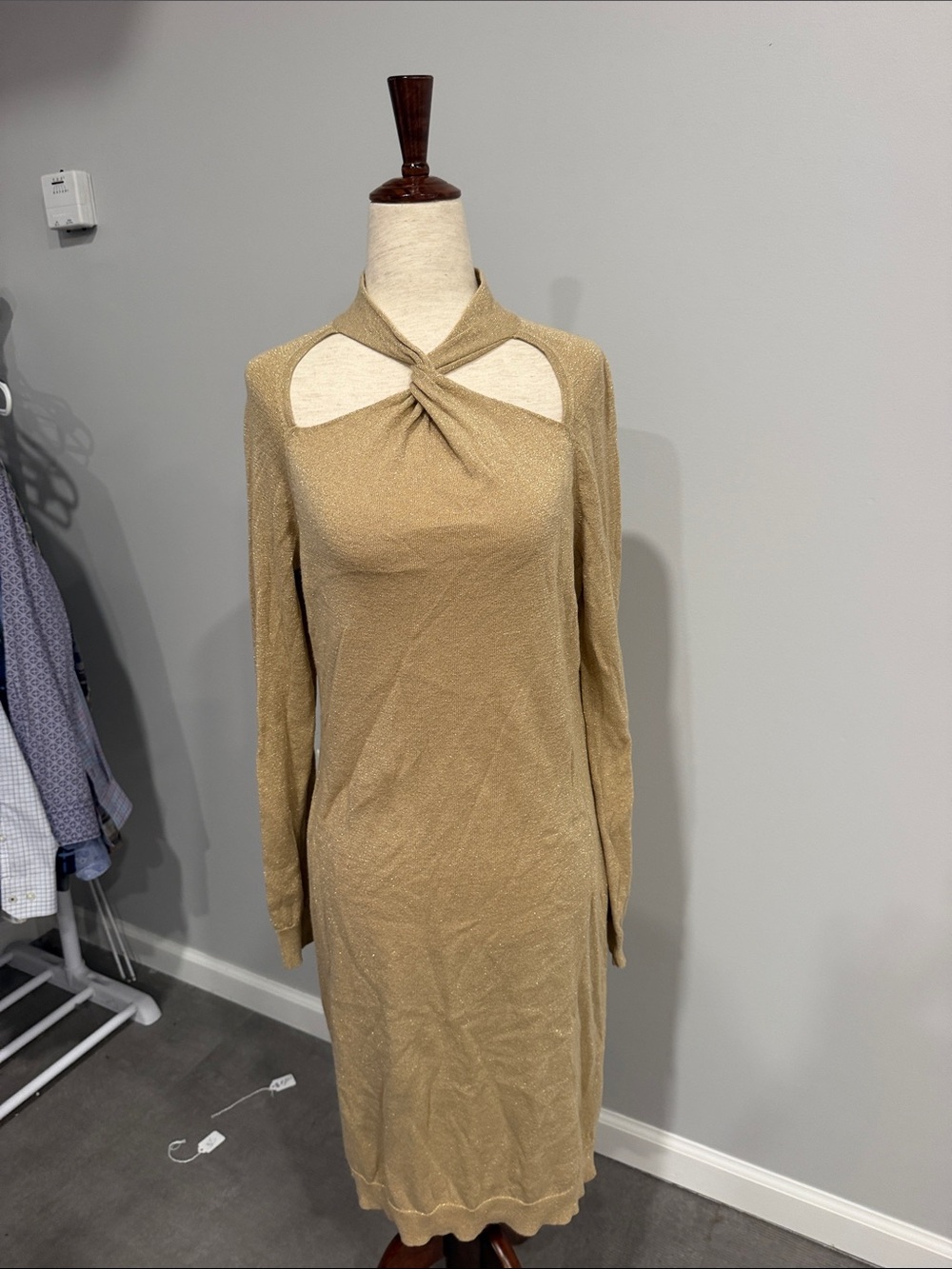 Michael Kors Metallic Gold Cutout Twist-Front Long Sleeve Dress Petite Large